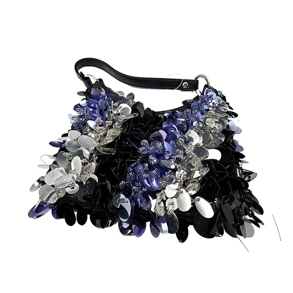 VTG Y2K Black Sequin Beaded Colorful Zip Closure Boho Casual Handbag Purse - Picture 1 of 4